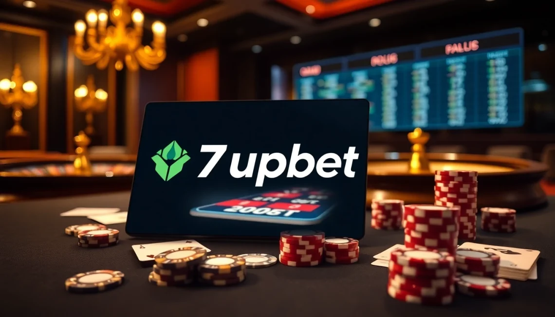 Experience the thrill of 7upbet with poker chips and a roulette wheel, embodying online gambling excitement.
