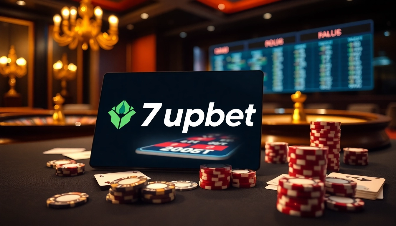 Experience the thrill of 7upbet with poker chips and a roulette wheel, embodying online gambling excitement.