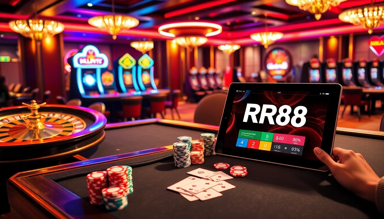 Players engaging with RR88 gaming tables surrounded by vibrant roulette wheels and exciting slot machines.