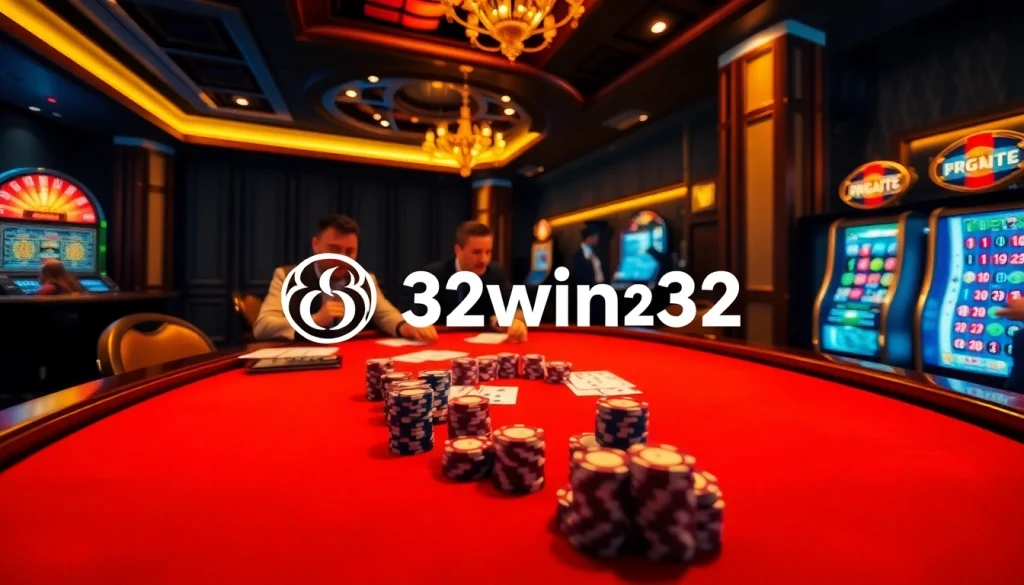 A high-stakes casino scene showcasing the excitement of gambling with 32win32 branding.