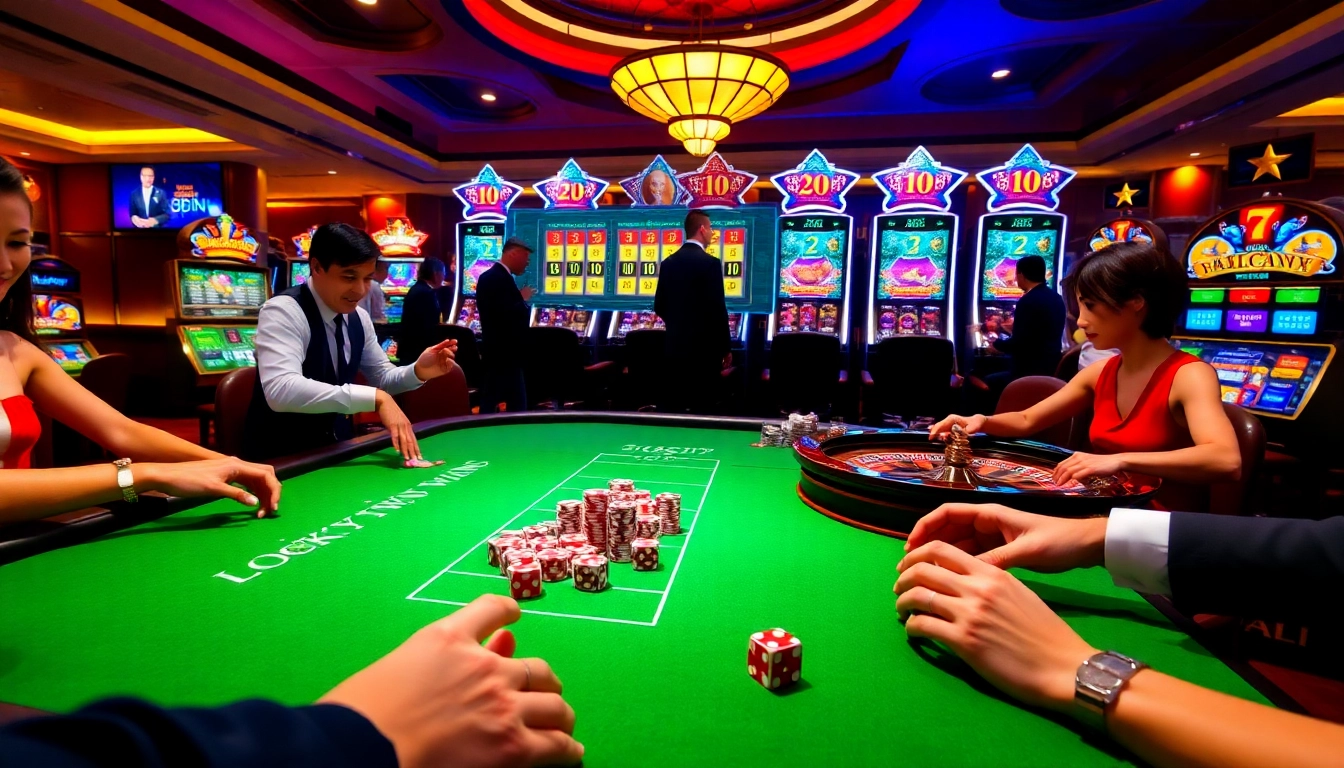 Experience the thrill of Luckywin as players engage at a lively casino table filled with poker chips.