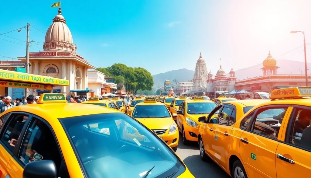 Haridwar Taxi Service featuring clean, sanitized taxis in a vibrant street scene.