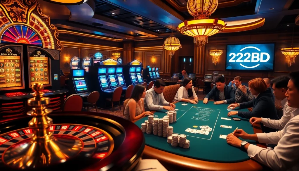 Experience high-stakes action at 222BD with vibrant slot machines and engaging poker tables.