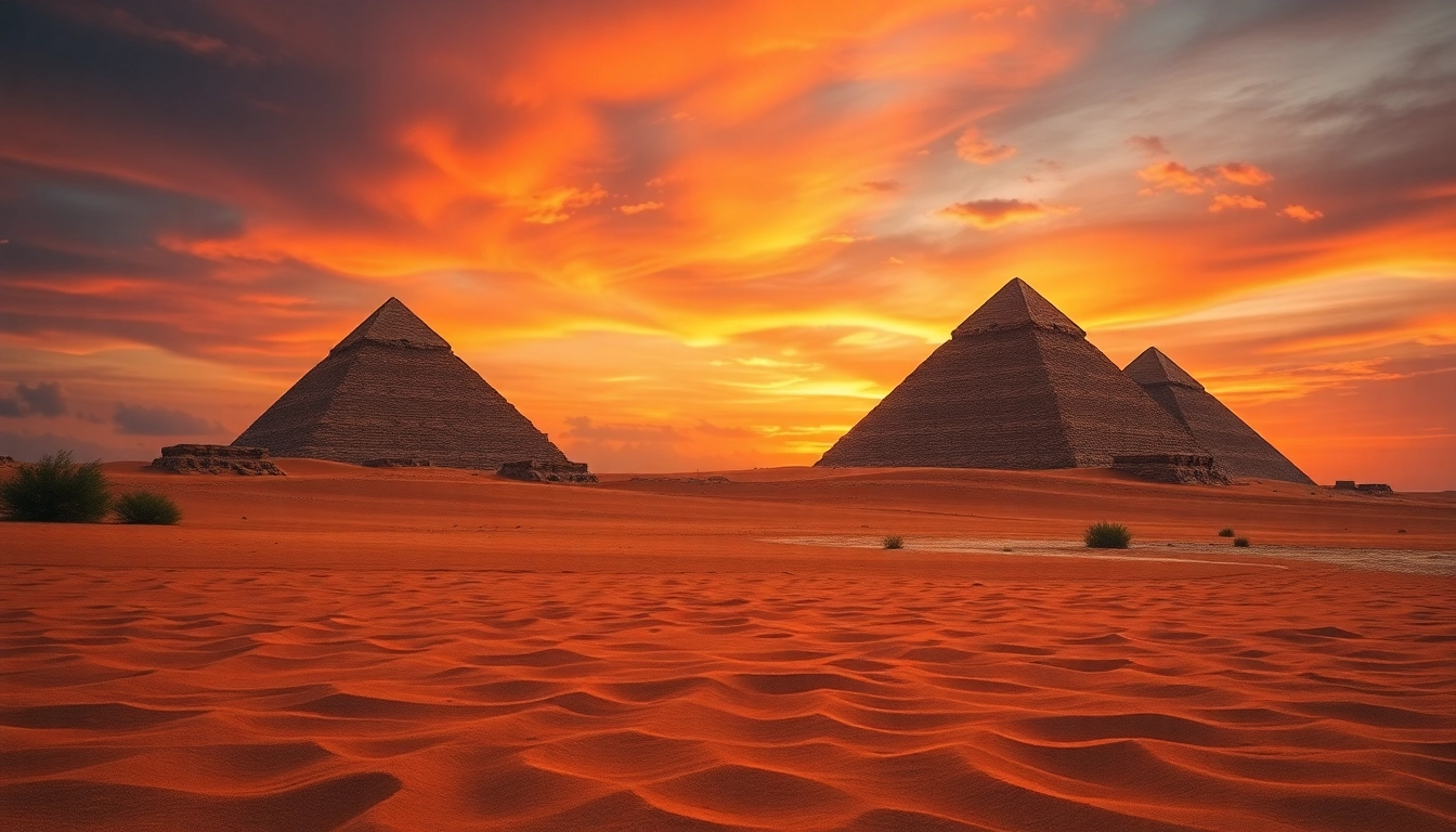 Explore the ancient piraminds set against a sunset in the Egyptian desert.