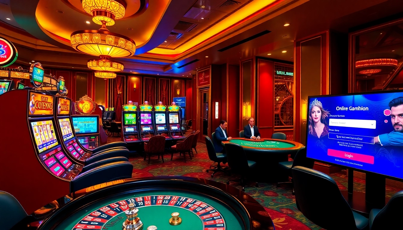 Login to online gambling with vibrant casino tables and slot machines.