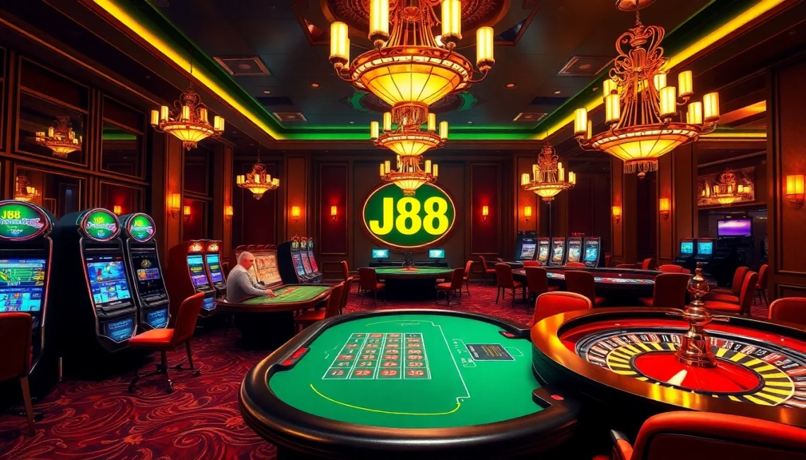 Winning players at the glamorous J88 poker table amidst elegant casino surroundings.