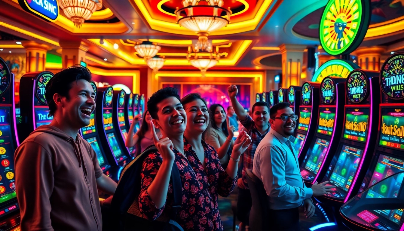 Players enjoying the idn slot games at a luxurious casino with vibrant slot machines.