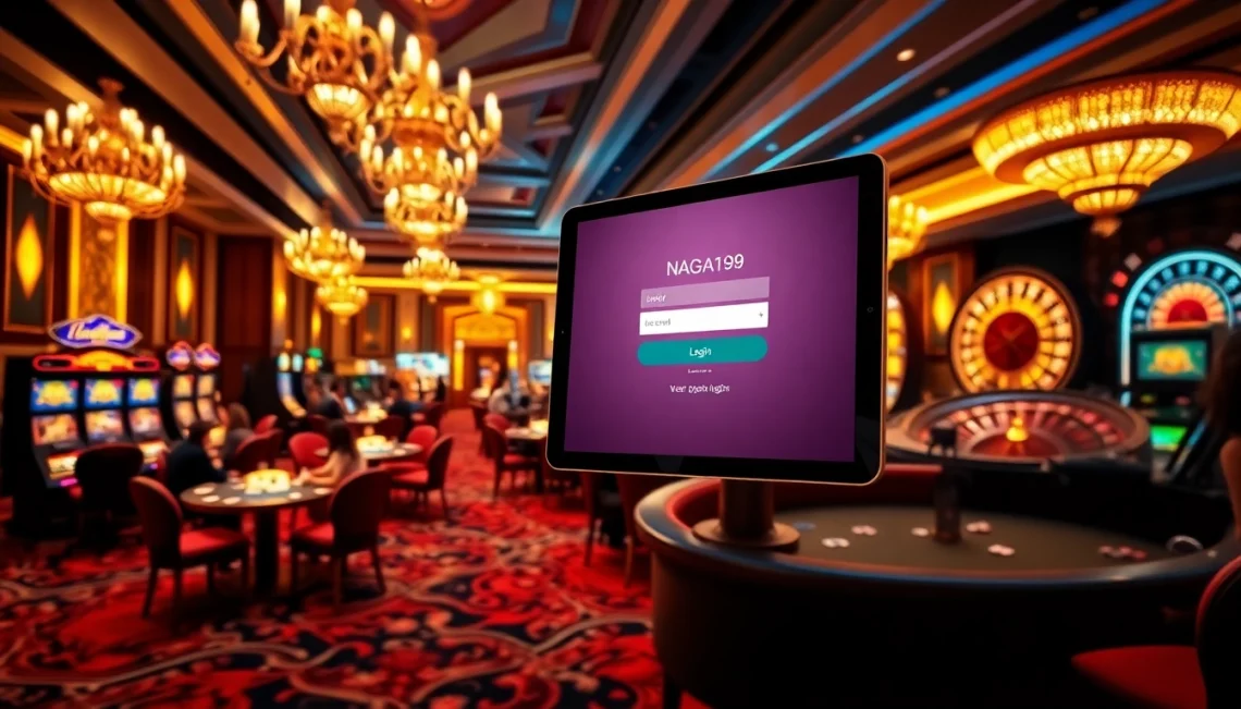 Engaging scene of players at a casino featuring slot naga169 login on a digital tablet amidst vibrant tables and excitement.