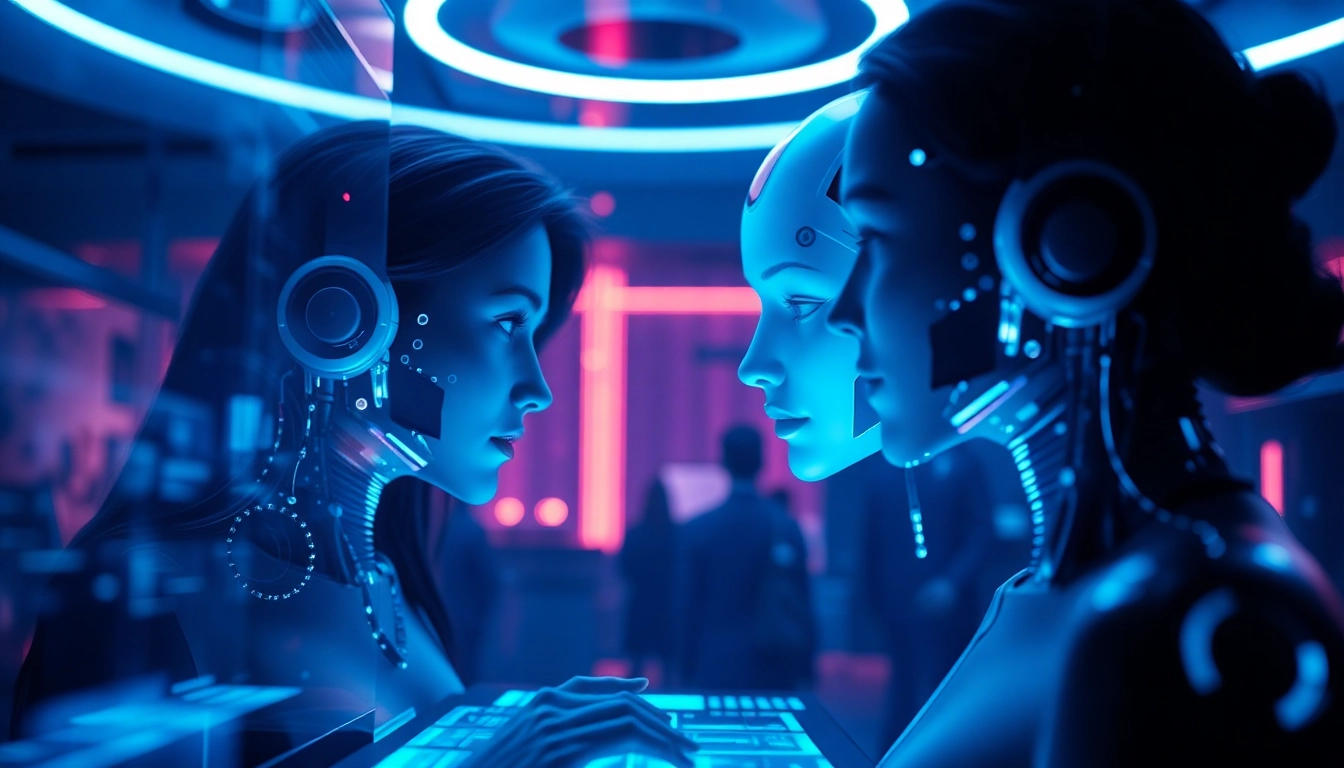 Engaging scene of AI NSFW interaction with lifelike avatars in a futuristic digital setting.