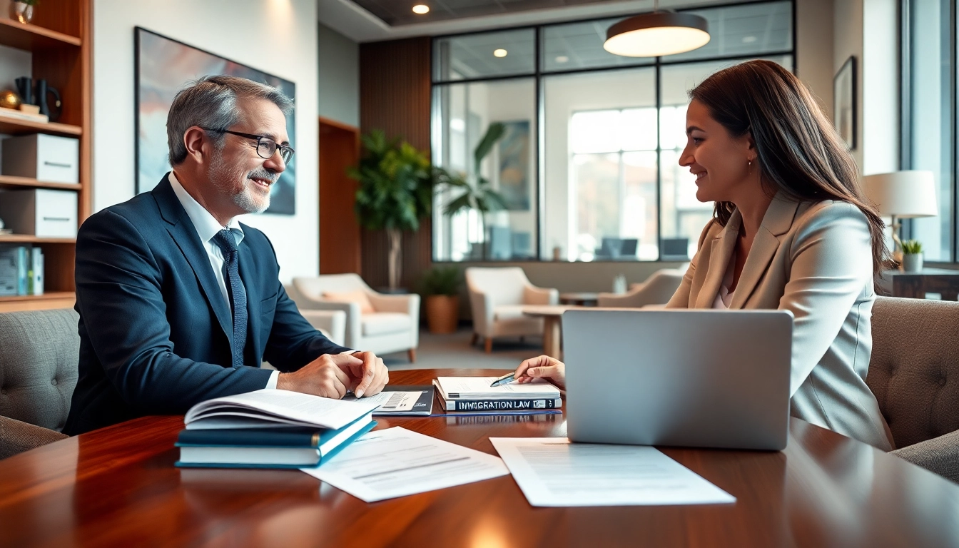 Engaging immigration lawyer in Brisbane consulting with a client in a professional office.
