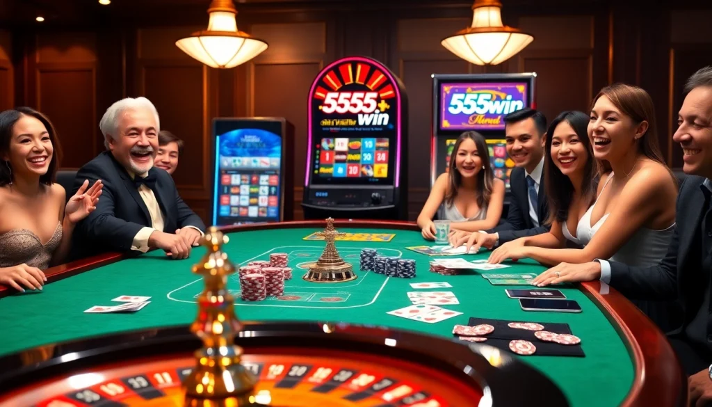 Experience the thrill of gambling at 555win with vibrant casino games and players in action.