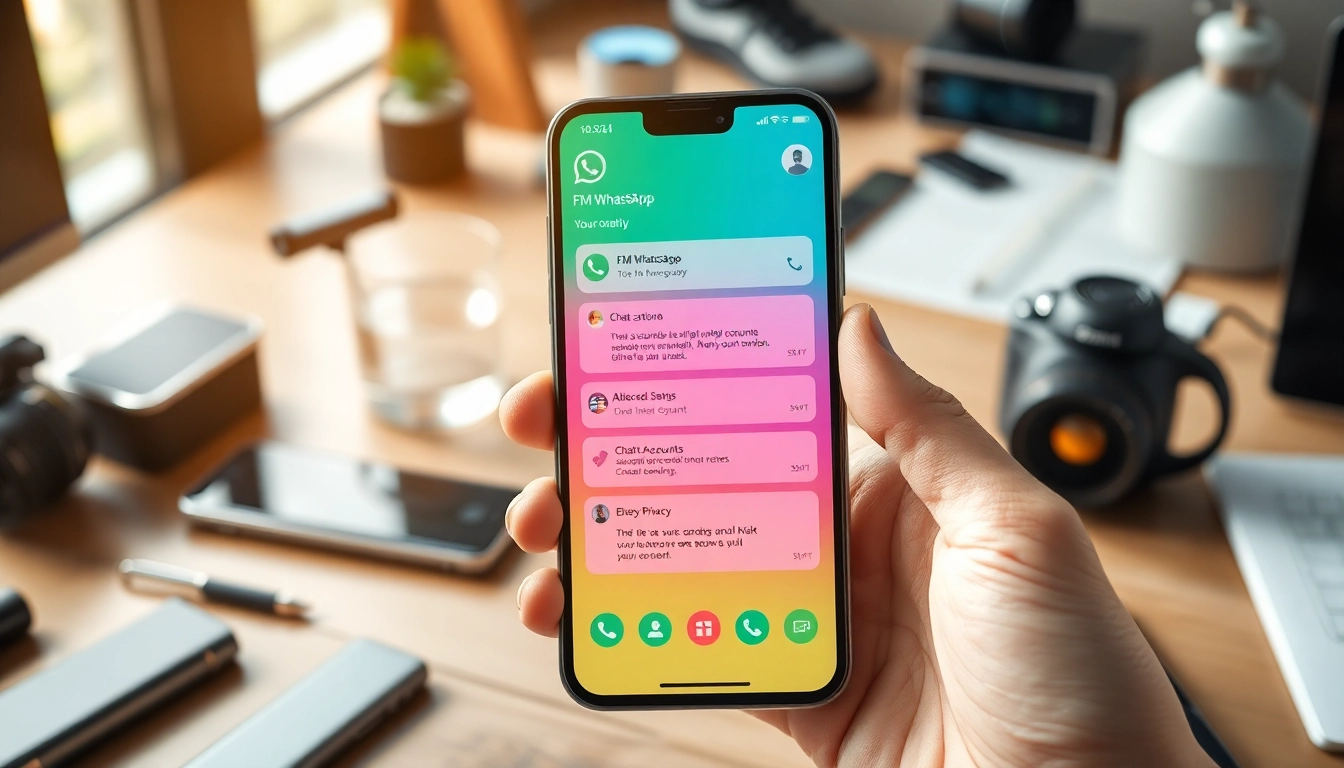 FM WhatsApp interface displayed on a modern smartphone in a trendy workspace, highlighting user-friendly features.