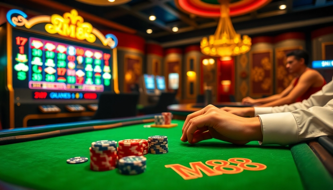 Dynamic gaming action at MM 88 casino showcasing vibrant slots, poker chips, and luxury.