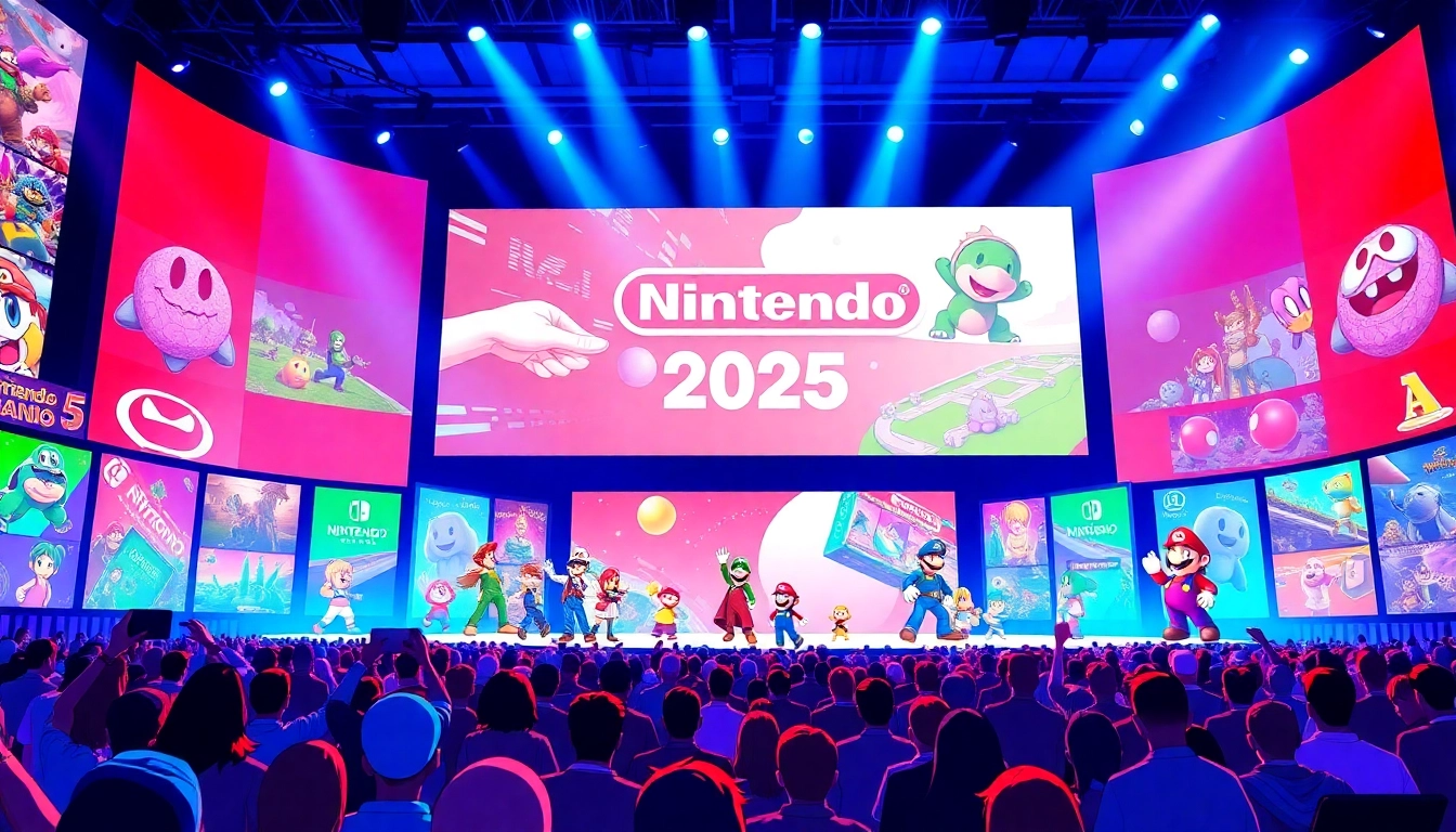 Nintendo Direct 2025 announcements presentation featuring fans and iconic characters.