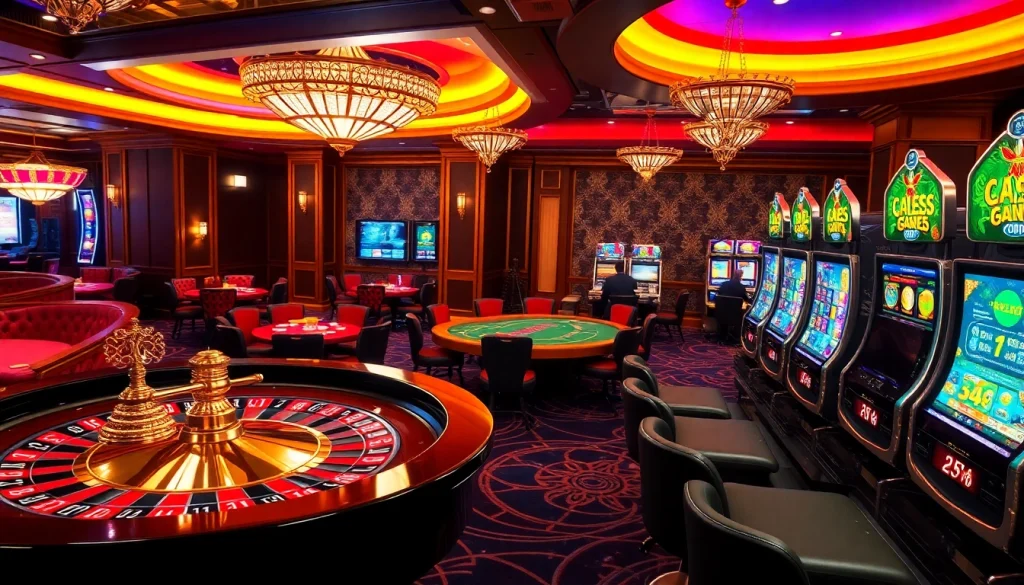 Exciting gaming atmosphere at Nhà Cái GO99 with poker tables and slot machines.