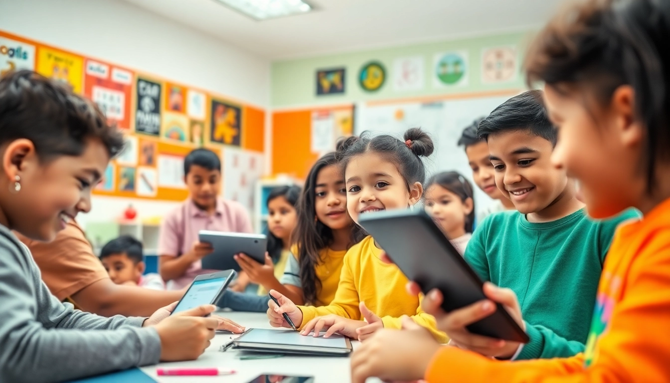 Education-focused classroom bustling with diverse students engaging in collaborative learning.