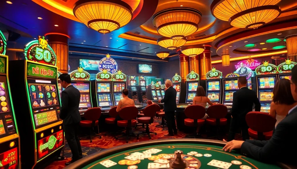 Players enjoying thrilling nổ hũ 90 slot machines in a luxurious casino setting.