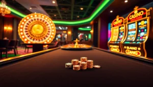 S88vip gaming scene featuring an elegant poker table and vibrant slot machine, illustrating excitement.