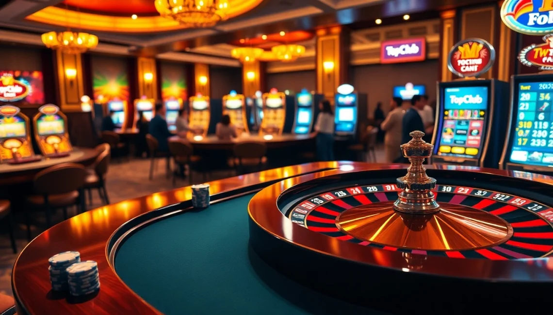 topclub players enjoying a thrilling game at an elegant casino table with vibrant lights