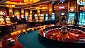 topclub players enjoying a thrilling game at an elegant casino table with vibrant lights