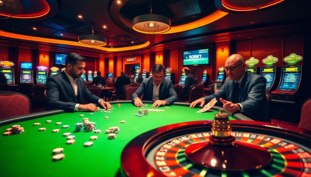 Excited gamblers placing bets on sbobet at a high-stakes casino table with vibrant colors.
