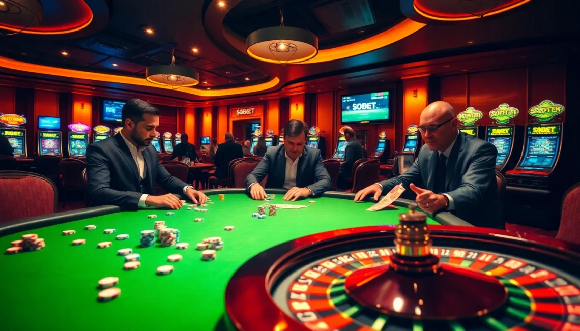 Excited gamblers placing bets on sbobet at a high-stakes casino table with vibrant colors.