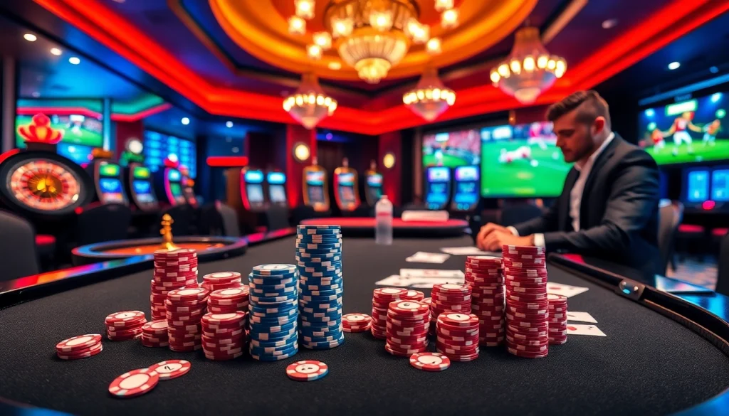 Experience thrilling gaming at https://vaoluoitv.it.com with vibrant casino scenes showing poker players and a live football match.