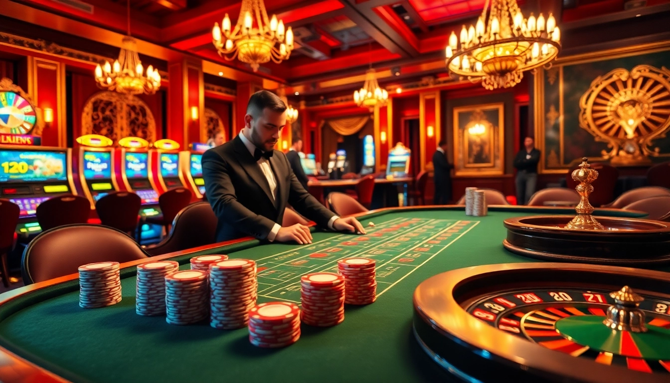 Exciting casino scene on the homepage, featuring poker players and vibrant slot machines.