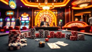 Experience dynamic gambling action with https://urr88.com/ showcasing poker chips and a live casino atmosphere.