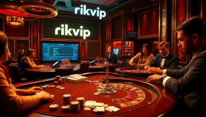 Engaging players enjoying classic casino games with rikvip betting elements and vibrant ambiance.