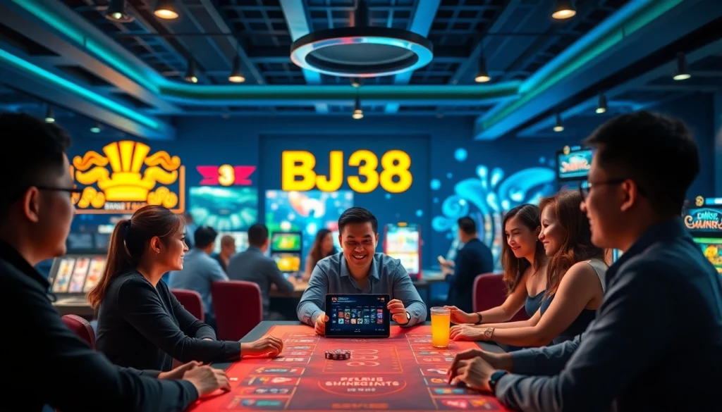 BJ38 online gaming platform with vibrant games and excited players in a digital casino setting.