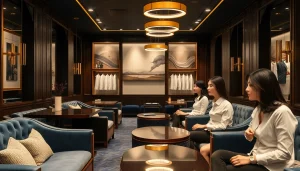 Elegant interior of 수원셔츠룸 showcasing female managers in stylish attire, inviting atmosphere