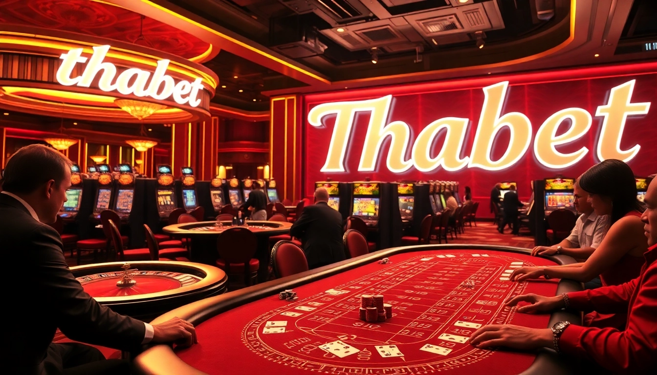 Thabet casino excitement with vibrant tables, engaged players, and luxurious decor.