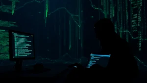 The Hidden Wiki concept visualized with a dark, atmospheric scene featuring a glowing screen and shadowy figure.