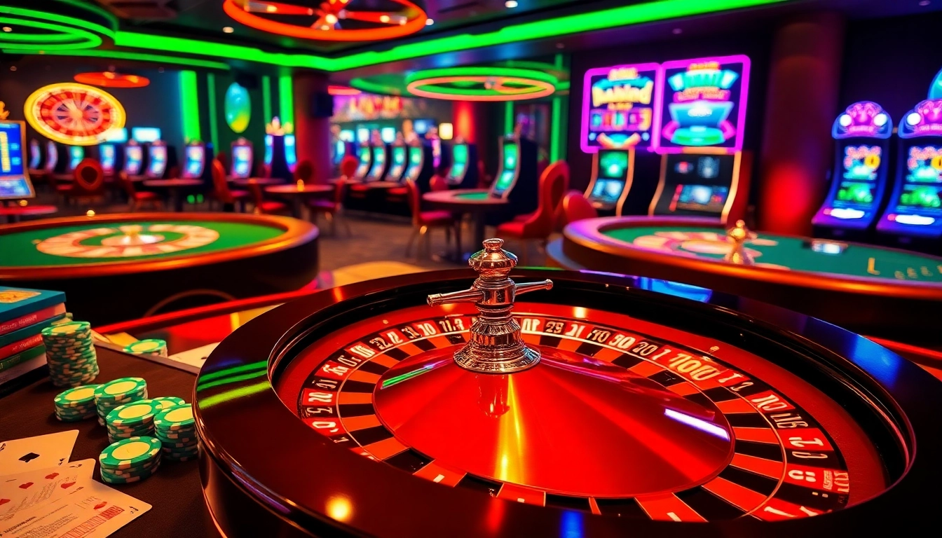 Des joueurs profitant de leur jeu dans un casino en ligne français, avec des jetons vibrants et une roue de roulette.