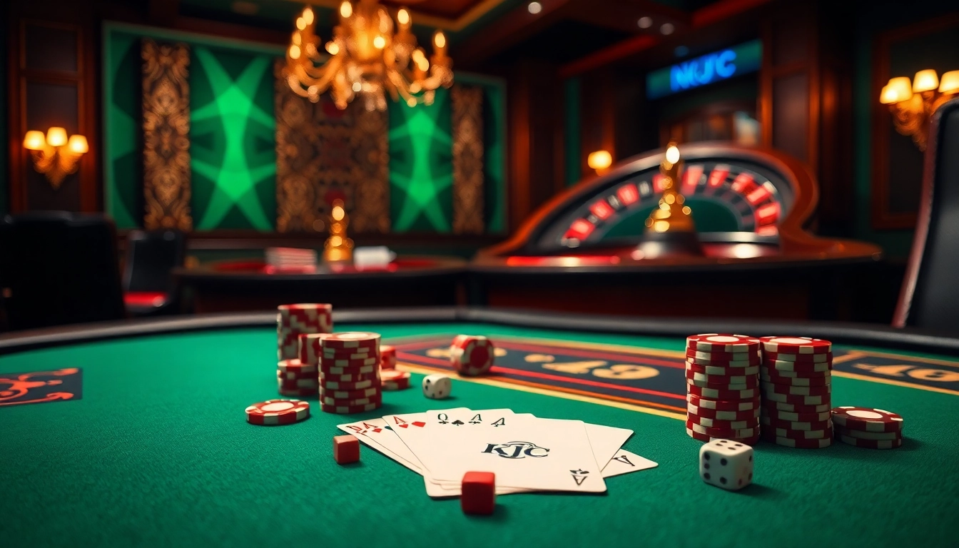 KJC poker table setup with cards, chips, and roulette wheel, emphasizing luxury gambling atmosphere.