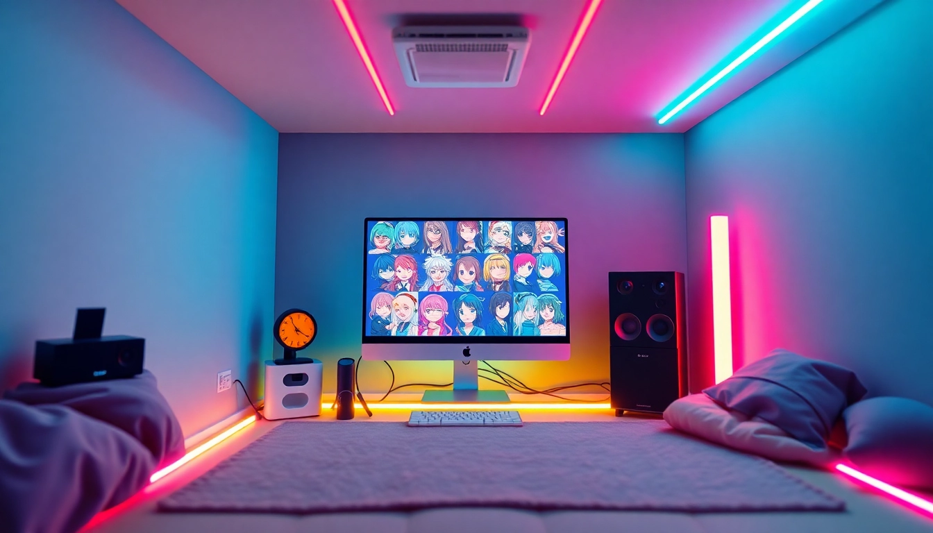 Engaging scene illustrating NSFW character AI in a futuristic virtual room with vibrant tech.