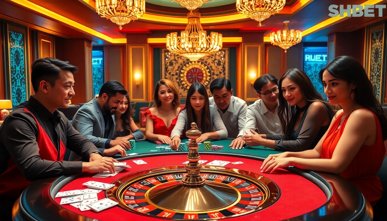 SHBET players enjoying an exciting poker game at a vibrant casino table filled with chips and cards.