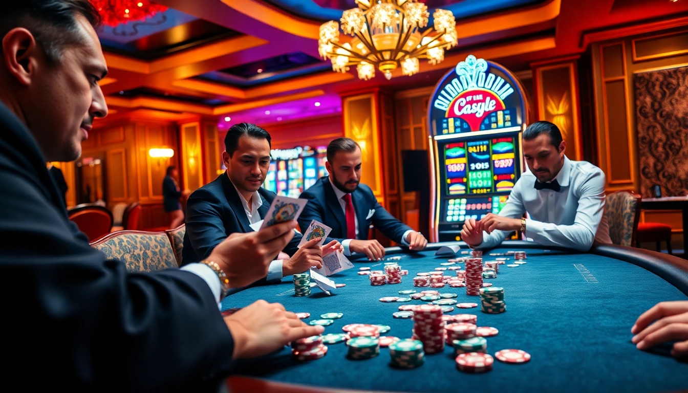 Joueurs engagés à une table de poker professionnelle dans un cadre luxueux de casino en ligne français.