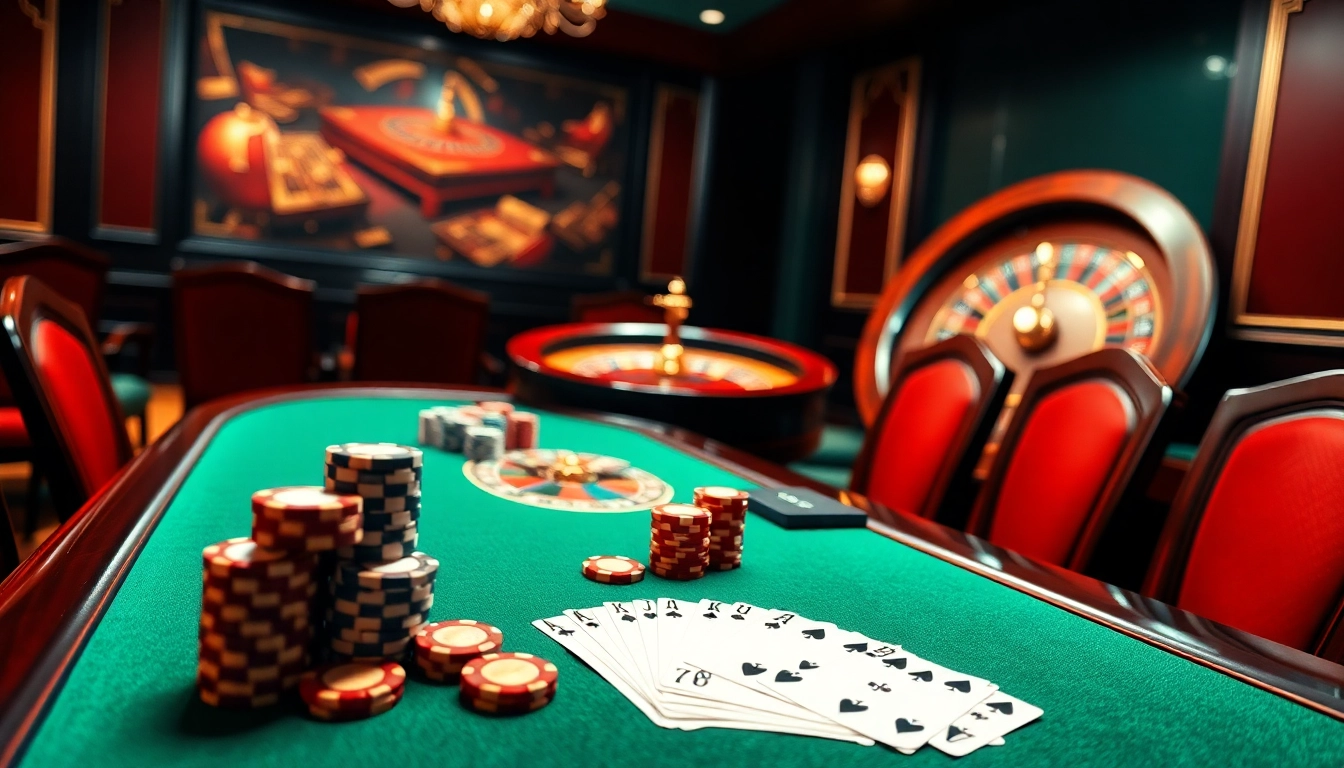 Casino en ligne français passionnant avec une table de poker vibrante, une roulette et des jetons colorés.