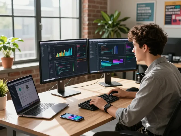 Dynamic workspace with a software engineer coding for ia +18 app development, featuring dual monitors and modern tech.
