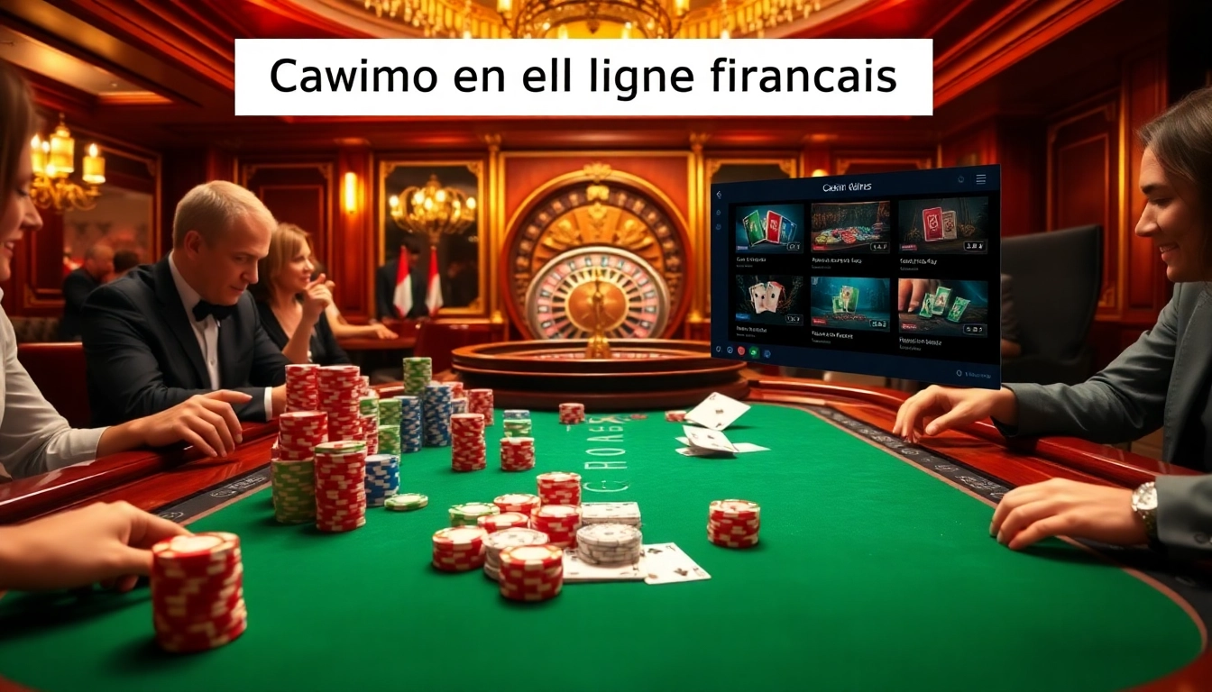 Vivez une action palpitante dans un casino en ligne français avec des joueurs plaçant des paris et des jetons de poker vibrants.