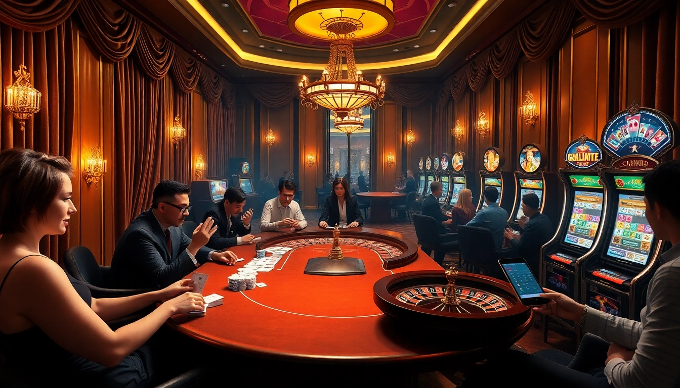 Scène excitante de casino en ligne français présentant une table de poker, une roulette et des machines à sous vibrantes.