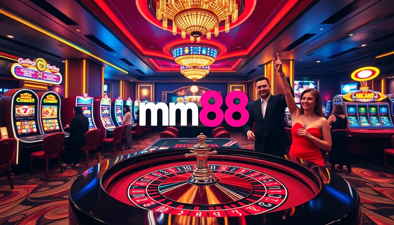 Experience the thrill of mm88 at a luxurious casino, complete with roulette and happy players.