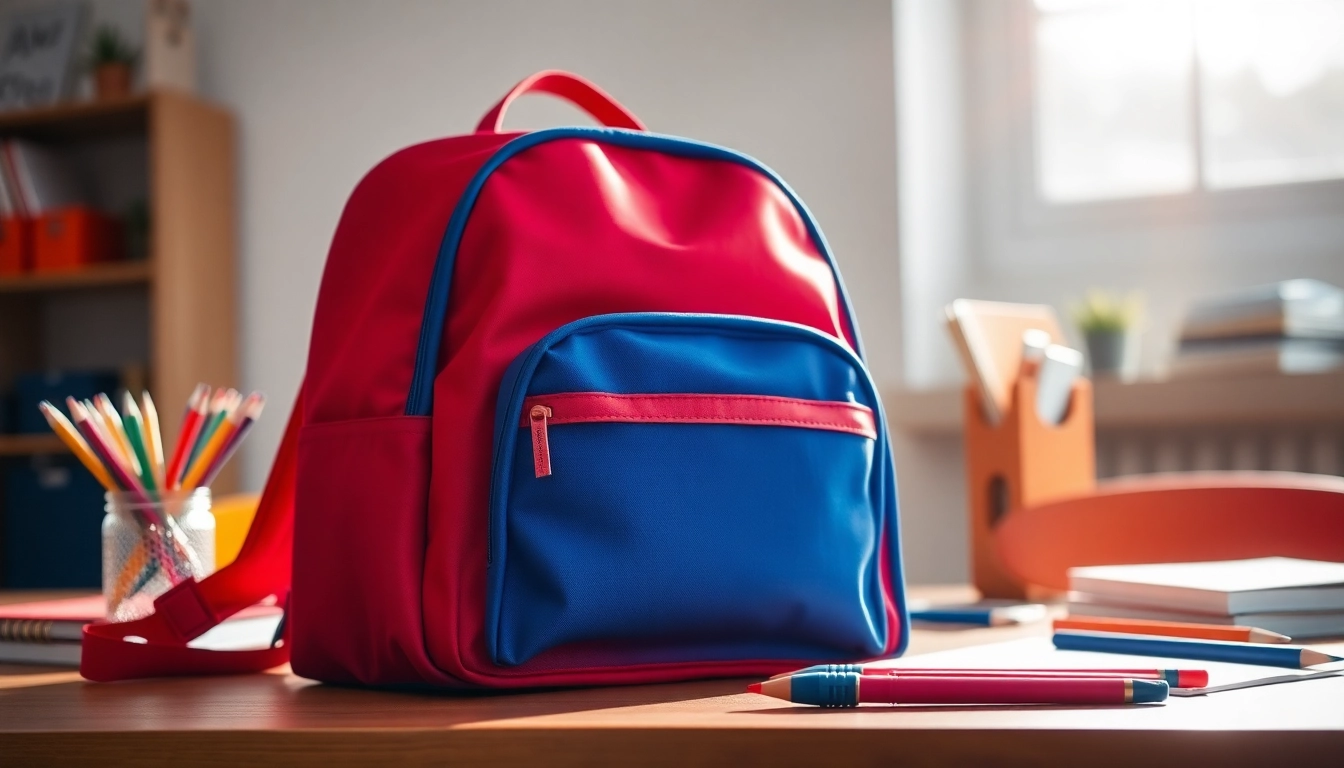 Stylish Handtasche für Schulen auf dem Schreibtisch mit Schulmaterialien.