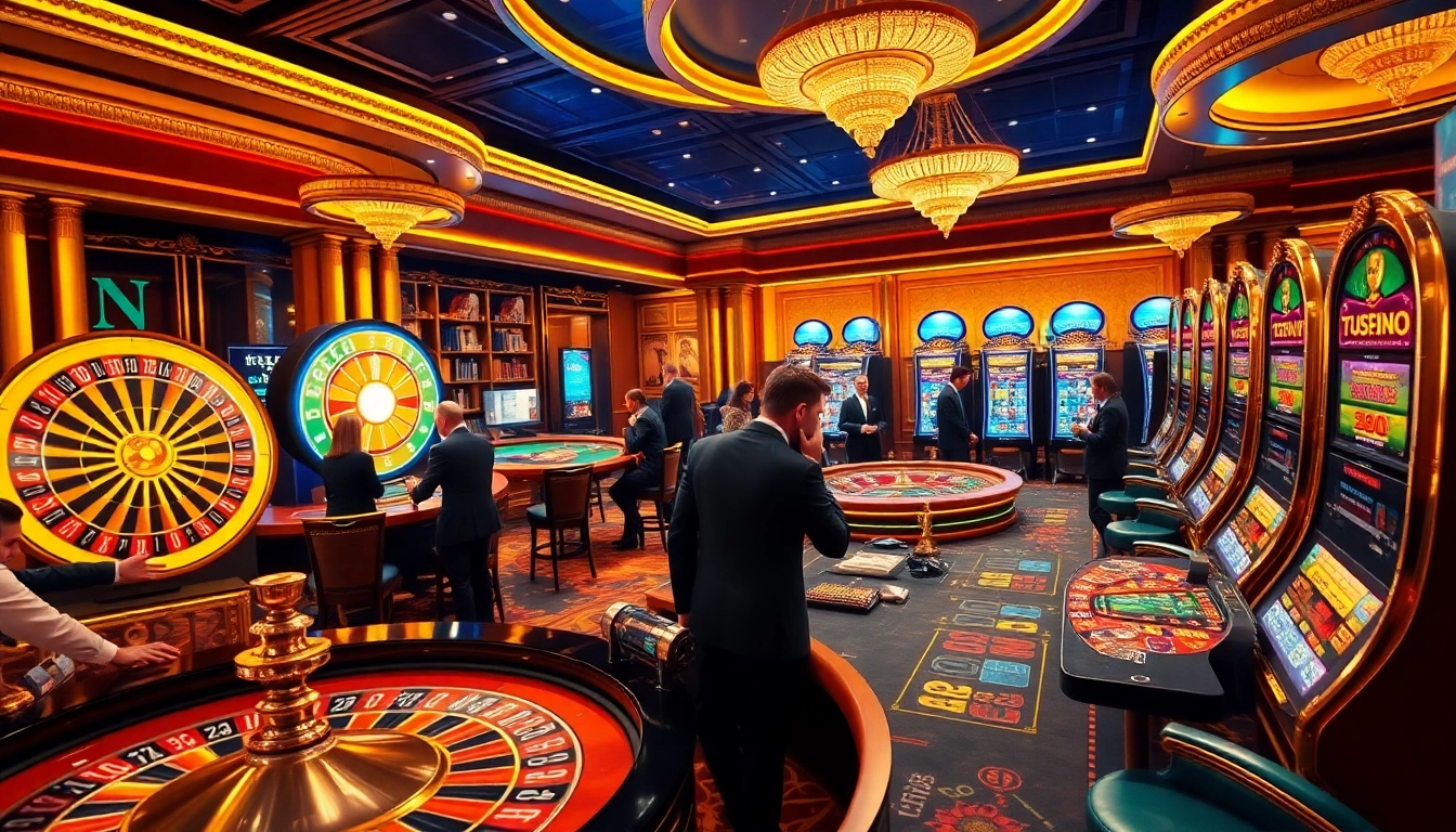 Des joueurs profitant d'une expérience de jeu palpitante sur une interface de casino en ligne français remplie de roues de roulette vibrantes et de machines à sous.