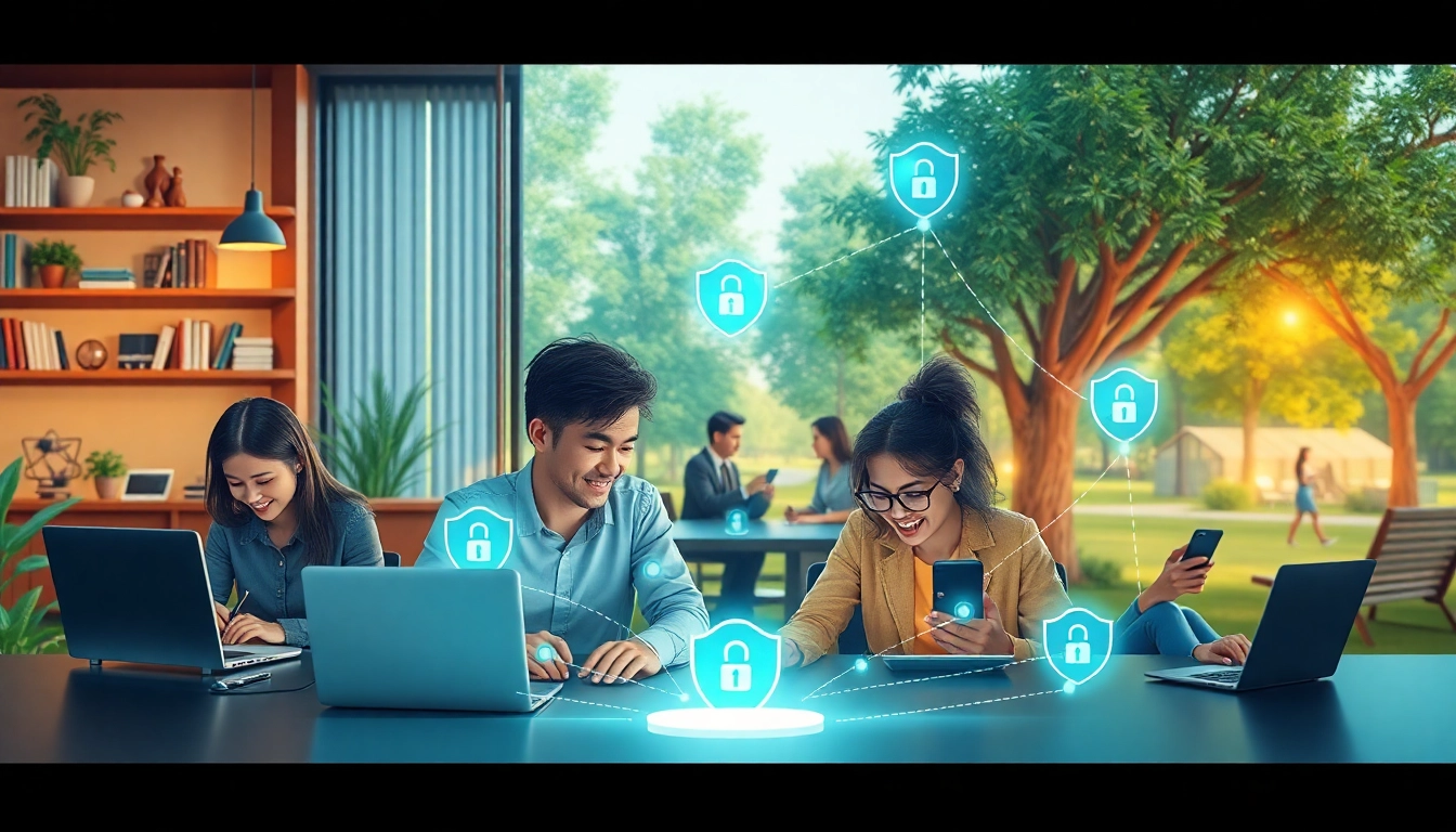 使用快连VPN的用户在多种场景中享受快速且安全的上网体验，展示多样设备与现代氛围。