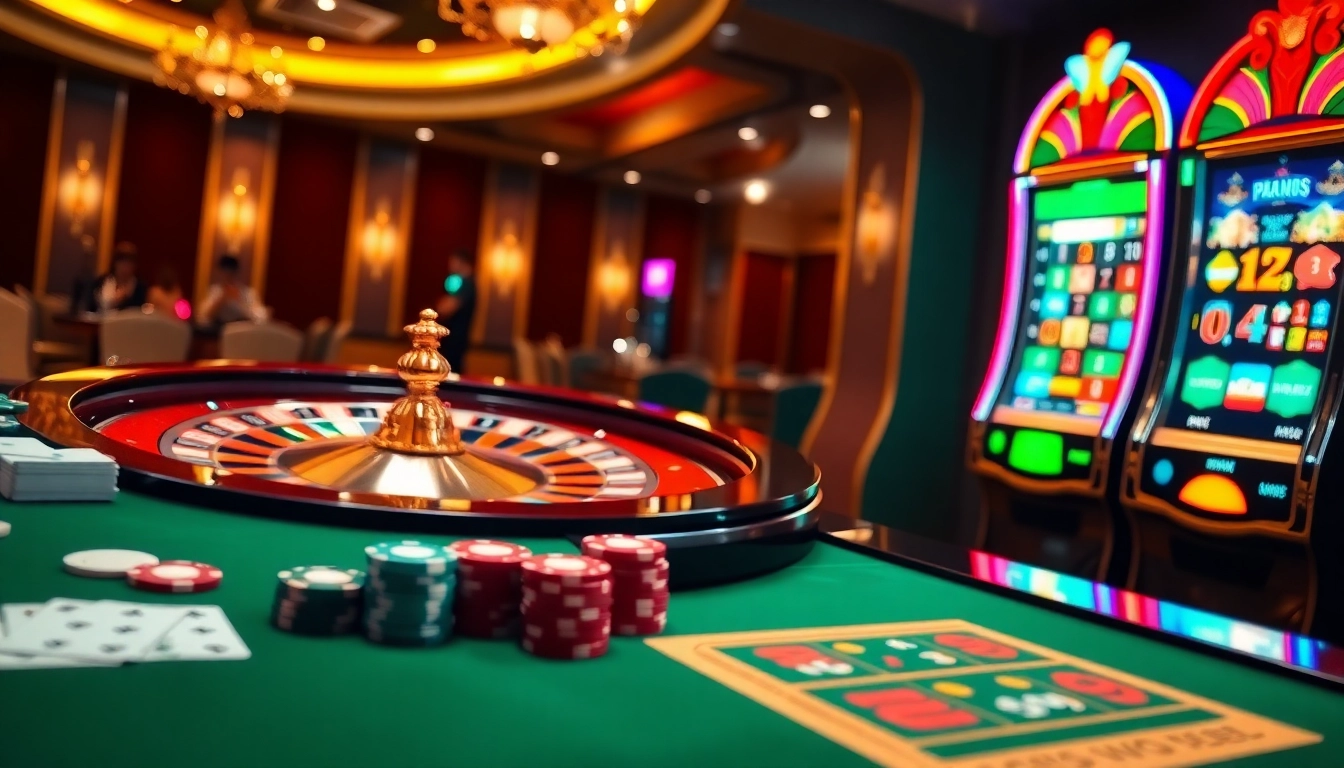 Une scène vibrante de casino en ligne français avec des joueurs aux tables, des couleurs riches et un équipement de jeu de luxe.