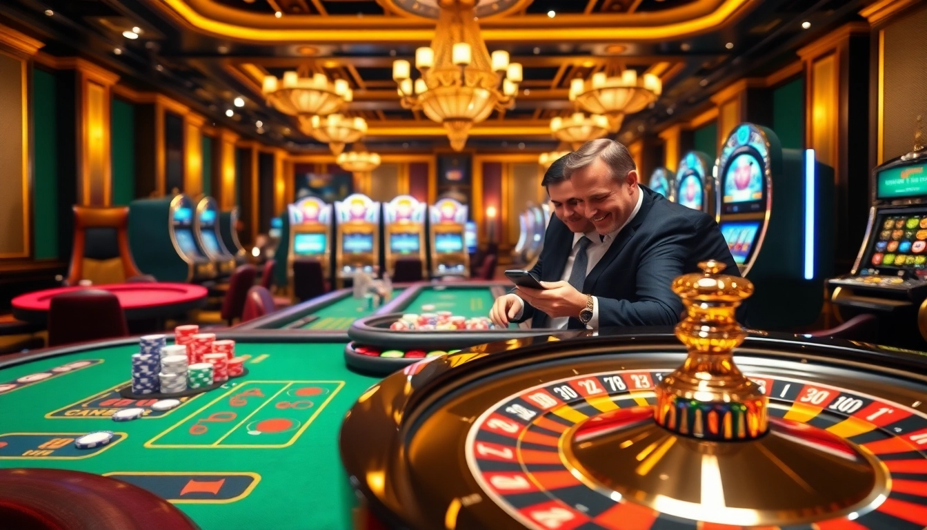 Engagez-vous avec le casino en ligne français dans un environnement de jeu haut de gamme avec des roues de roulette et des jetons de poker.