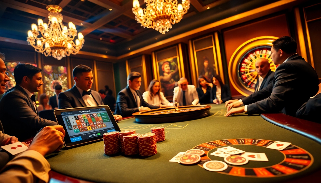 Participez à un jeu passionnant dans un casino en ligne français de luxe avec des tables de poker et des roues de roulette.